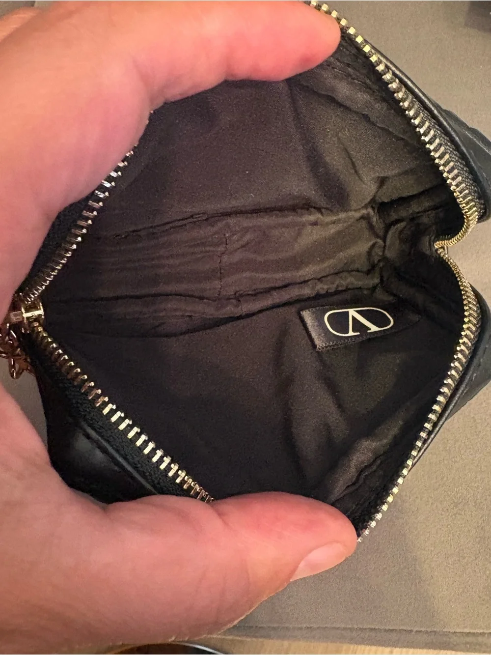 Valentino Black Quilted Rockstud Zip Card & Key Holder with Gold V Charm